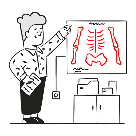 Männlicher Arzt untersucht Knochenbefund  Illustration