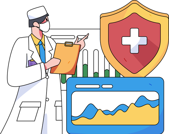 Männlicher Arzt zeigt medizinischen Analysebericht mit Versicherungsbericht  Illustration