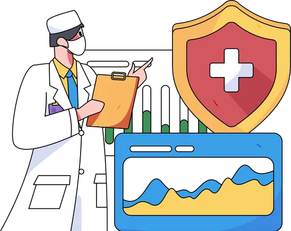 Männlicher Arzt zeigt medizinischen Analysebericht mit Versicherungsbericht  Illustration