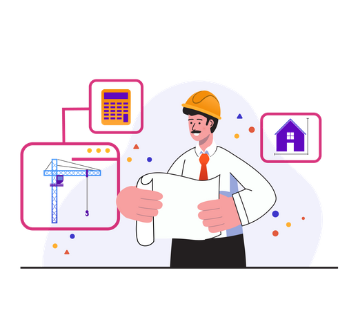 Männlicher Auftragnehmer überprüft den Plan und verwaltet die Arbeit auf der Baustelle  Illustration