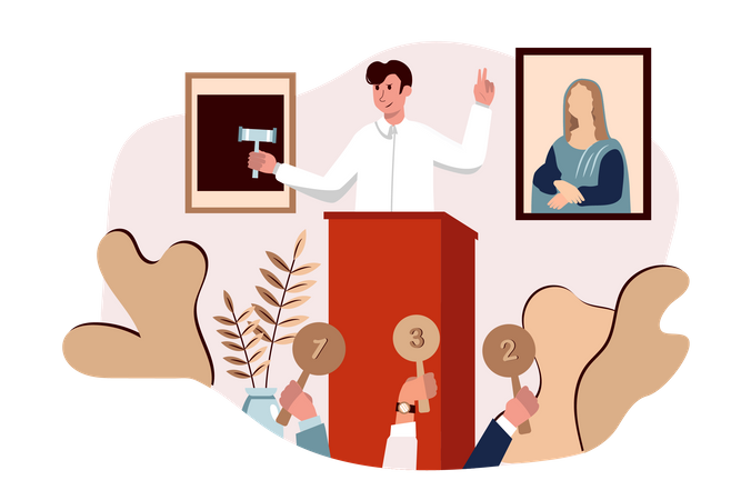 Männlicher Auktionator bittet um Gebote für ein Gemälde  Illustration