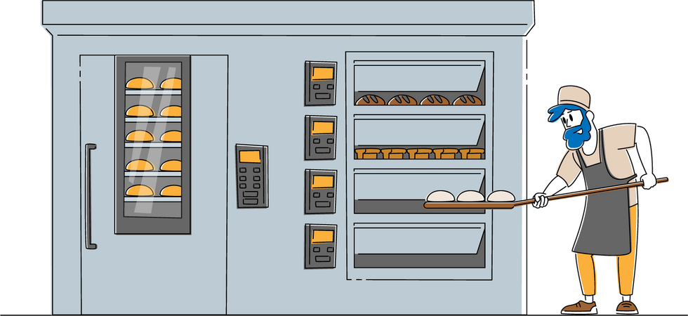 Männlicher Bäcker kocht gebackene Süßwaren in der modernen Süßwarenherstellung  Illustration