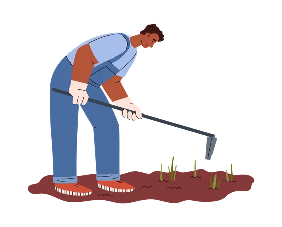 Männlicher Bauer bei der Gartenarbeit mit Hacke  Illustration