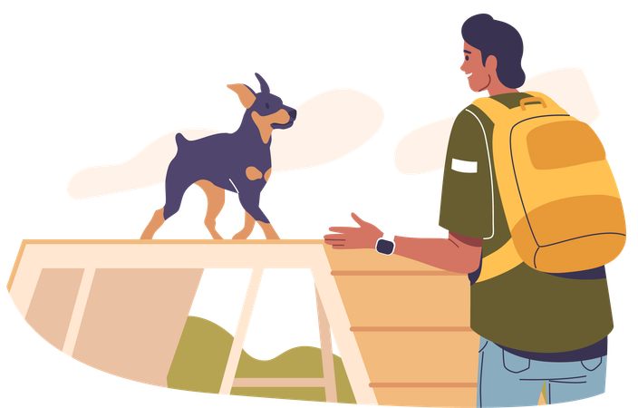 Männlicher Besitzer dirigiert Hund auf Plattform  Illustration