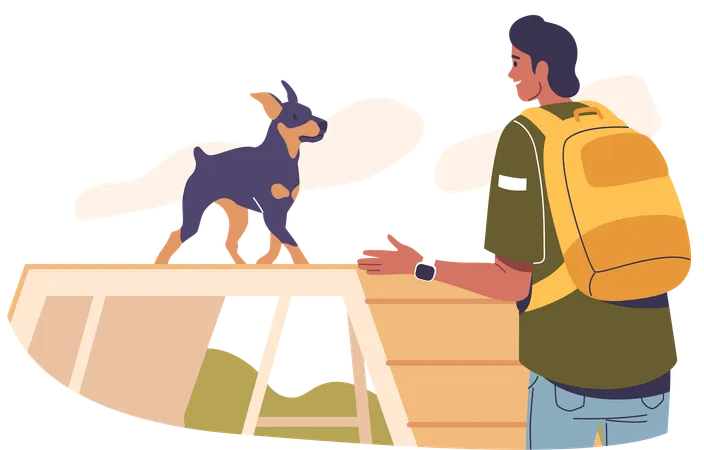 Männlicher Besitzer dirigiert Hund auf Plattform  Illustration