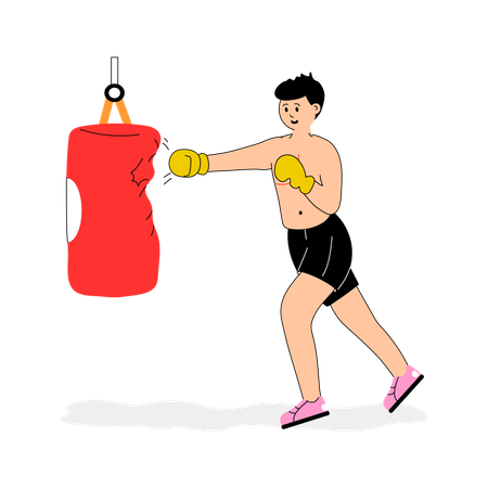 Männlicher Boxer trainiert mit Boxsack  Illustration