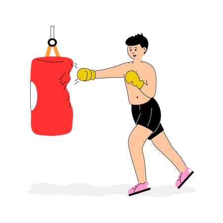 Männlicher Boxer trainiert mit Boxsack  Illustration