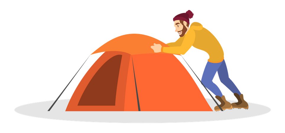 Männlicher Camper baut Zelt auf  Illustration
