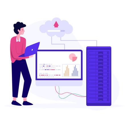 Männlicher Cloud-Ingenieur lädt Daten hoch  Illustration