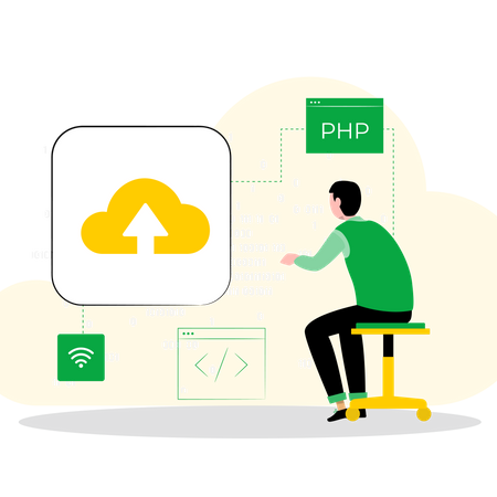 Männlicher Entwickler, der an der Cloud-Entwicklung arbeitet  Illustration