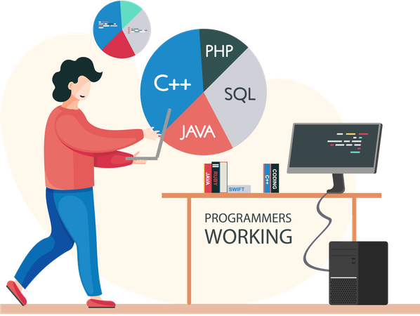 Männlicher Entwickler, der an Webcode arbeitet  Illustration