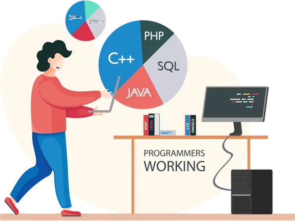 Männlicher Entwickler, der an Webcode arbeitet  Illustration