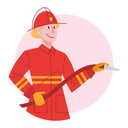 Männlicher Feuerwehrmann mit Wasserschlauch  Illustration