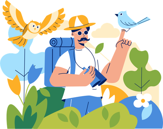 Männlicher Fotograf schaut Vogel an, während er auf seinen Finger schaut  Illustration