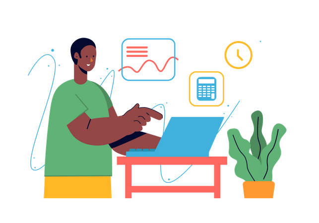 Männlicher Freiberufler arbeitet mit Analysebericht  Illustration