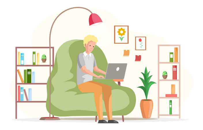Männlicher Freiberufler sitzt auf Sitzsack und arbeitet am Laptop  Illustration