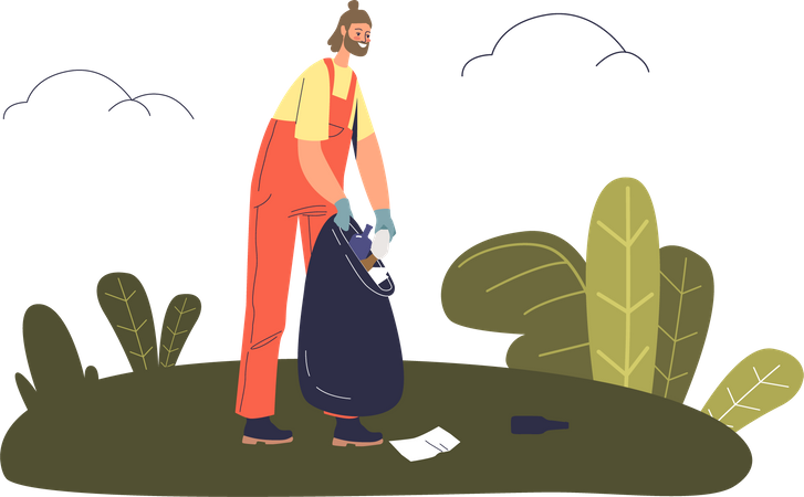 Männlicher Freiwilliger sammelt Müll und Abfälle im Park  Illustration