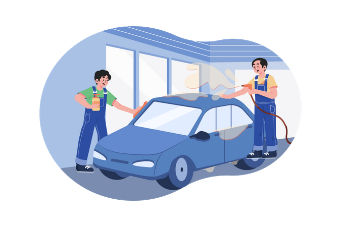 Männlicher Garagenarbeiter putzt Auto  Illustration