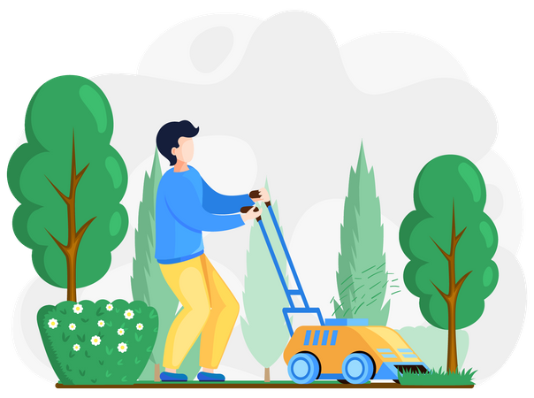 Männlicher Handwerker mäht Rasen im Garten  Illustration