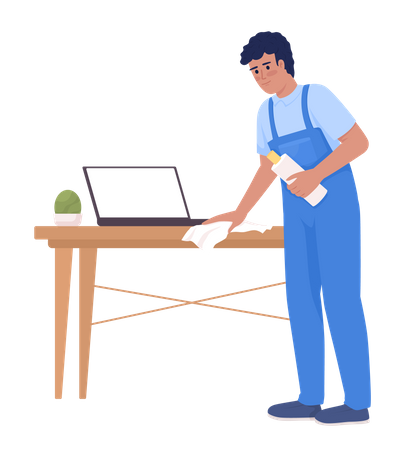 Männliche Haushälterin wischt Holztisch mit Laptop ab  Illustration