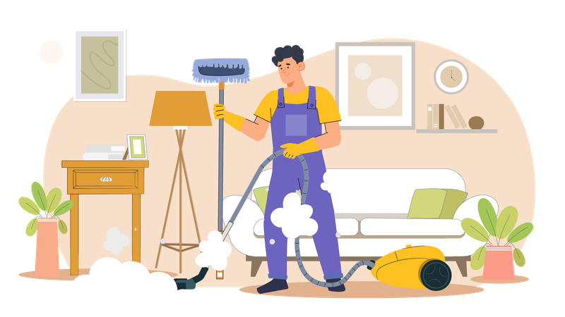 Männlicher Housekeeping-Mitarbeiter saugt den Boden  Illustration