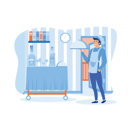 Männlicher Hotelier in Uniform putzt Zimmer und liefert Essen aus  Illustration