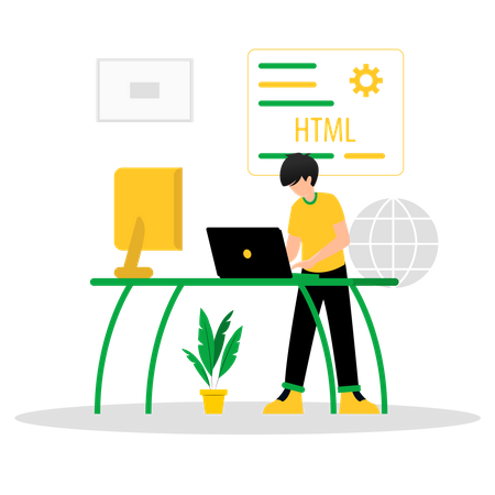 Männlicher HTML-Entwickler, der an einem Projekt arbeitet  Illustration