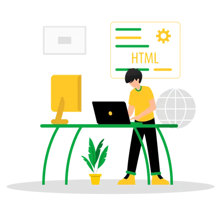 Männlicher HTML-Entwickler, der an einem Projekt arbeitet  Illustration