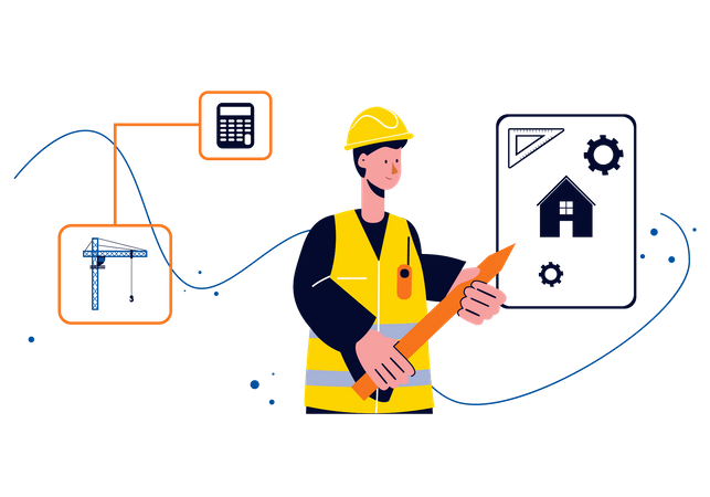 Männlicher Ingenieur arbeitet an einem Hausplan  Illustration