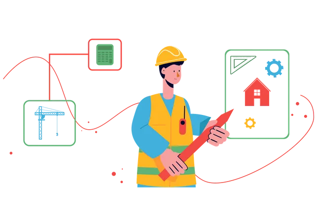 Männlicher Ingenieur arbeitet an einem Hausplan  Illustration