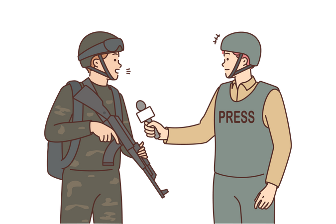Männlicher Journalist interviewt Soldaten im Krieg  Illustration