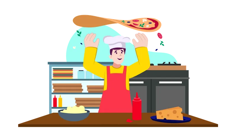 Männlicher Koch kocht Pizza  Illustration