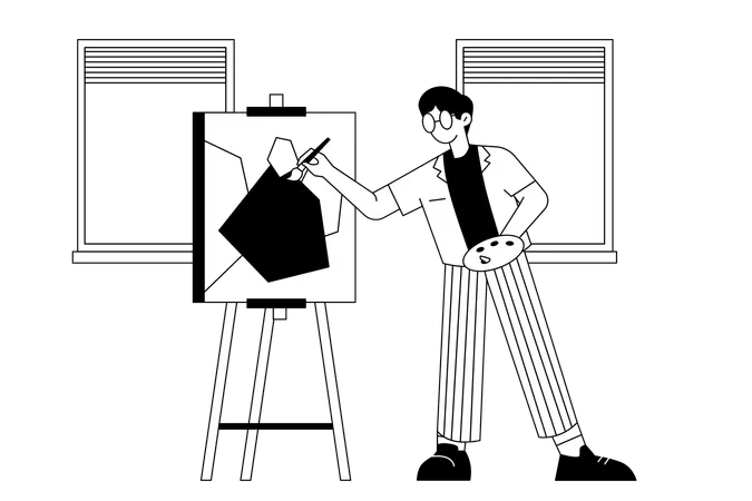 Männlicher Künstler zeichnet Gemälde auf Leinwand  Illustration