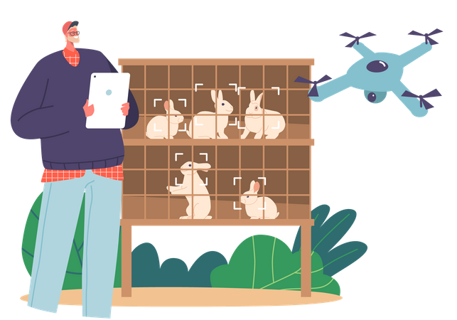 Landwirt steuert Drohne zur Überwachung von Kaninchenkäfigen mit Tablet  Illustration