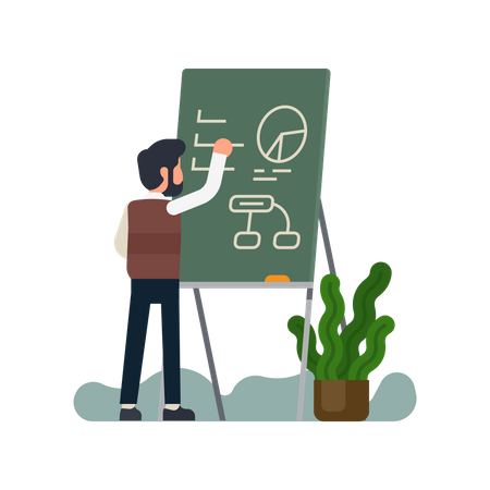 Männlicher Lehrer schreibt Informationen an die Tafel  Illustration