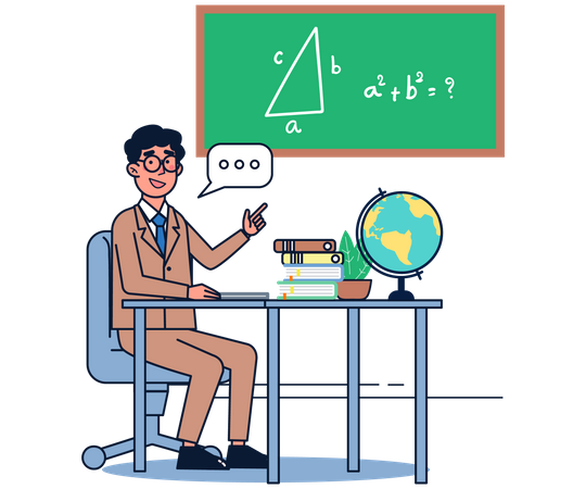 Männlicher Lehrer steht und unterrichtet Mathematik an der Schultafel  Illustration
