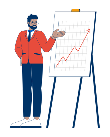 Männlicher Manager zeigt auf Liniendiagramm mit nach oben zeigendem Pfeil auf Staffelei  Illustration