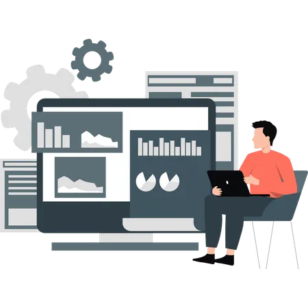 Männlicher Mitarbeiter arbeitet an einem analytischen Infografik-Diagramm  Illustration