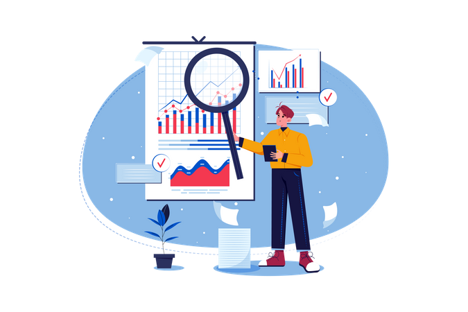 Männlicher Mitarbeiter, der an der Datenanalyse arbeitet  Illustration