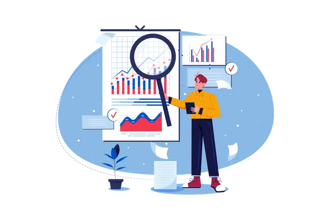 Männlicher Mitarbeiter, der an der Datenanalyse arbeitet  Illustration