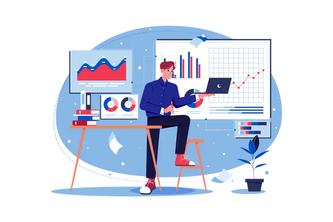 Männlicher Mitarbeiter bei der Datenanalyse  Illustration