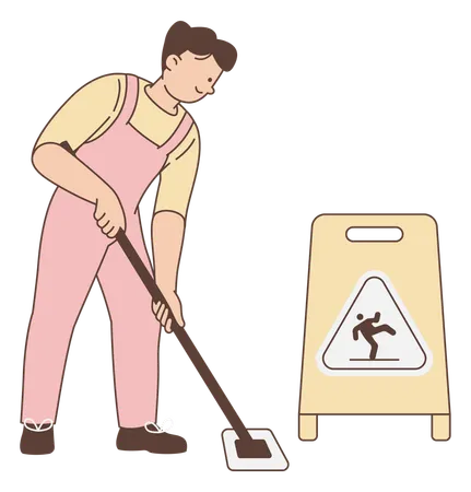 Männlicher Mitarbeiter beim Bodenputzen  Illustration