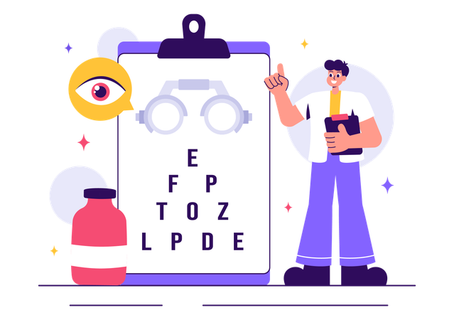 Männlicher Optiker zeigt Sehtestbericht  Illustration