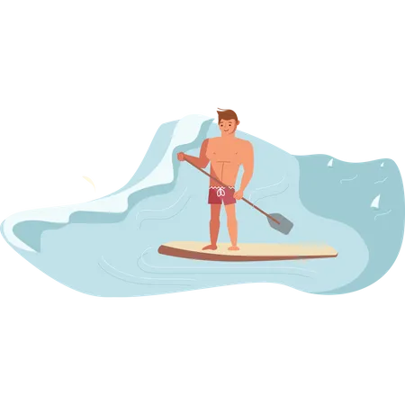 Männlicher Paddle-Surfer reitet die Welle  Illustration