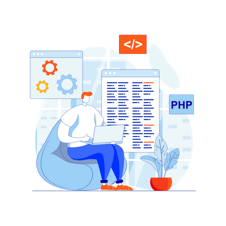 Männlicher PHP-Entwickler, der an einem Projekt arbeitet  Illustration