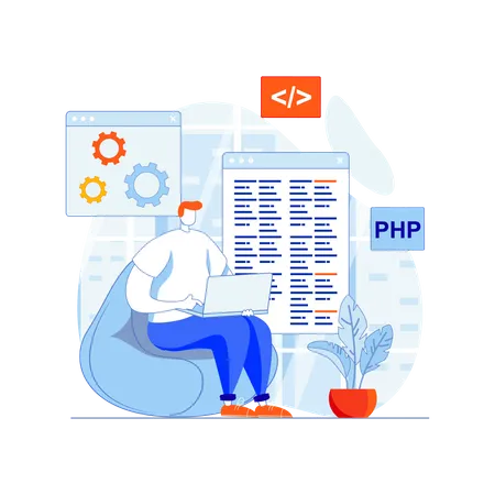 Männlicher PHP-Entwickler, der an einem Projekt arbeitet  Illustration