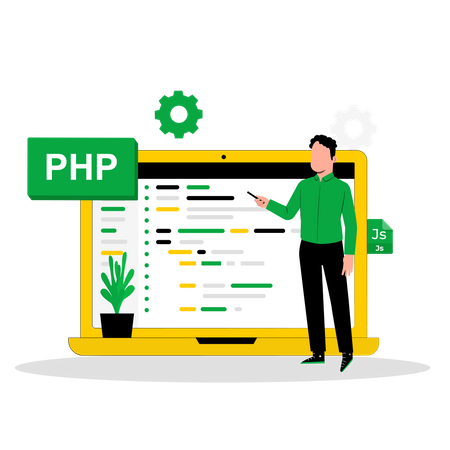 Männlicher PHP-Entwickler prüft Website  Illustration