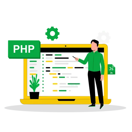 Männlicher PHP-Entwickler prüft Website  Illustration