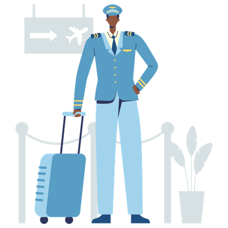 Männlicher Pilot steht mit seiner Reisetasche am Flughafen  Illustration