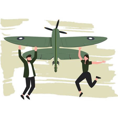 Männlicher Pilot und Frau freuen sich, Militärflugzeuge zu sehen  Illustration